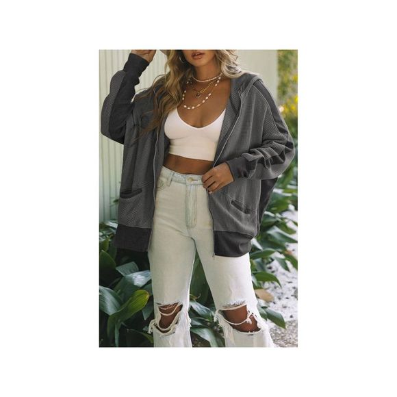 Azura Exchange  Gray Thermal Waffle Knit Full Zipper Hooded Jacket - Picture 1 of 6